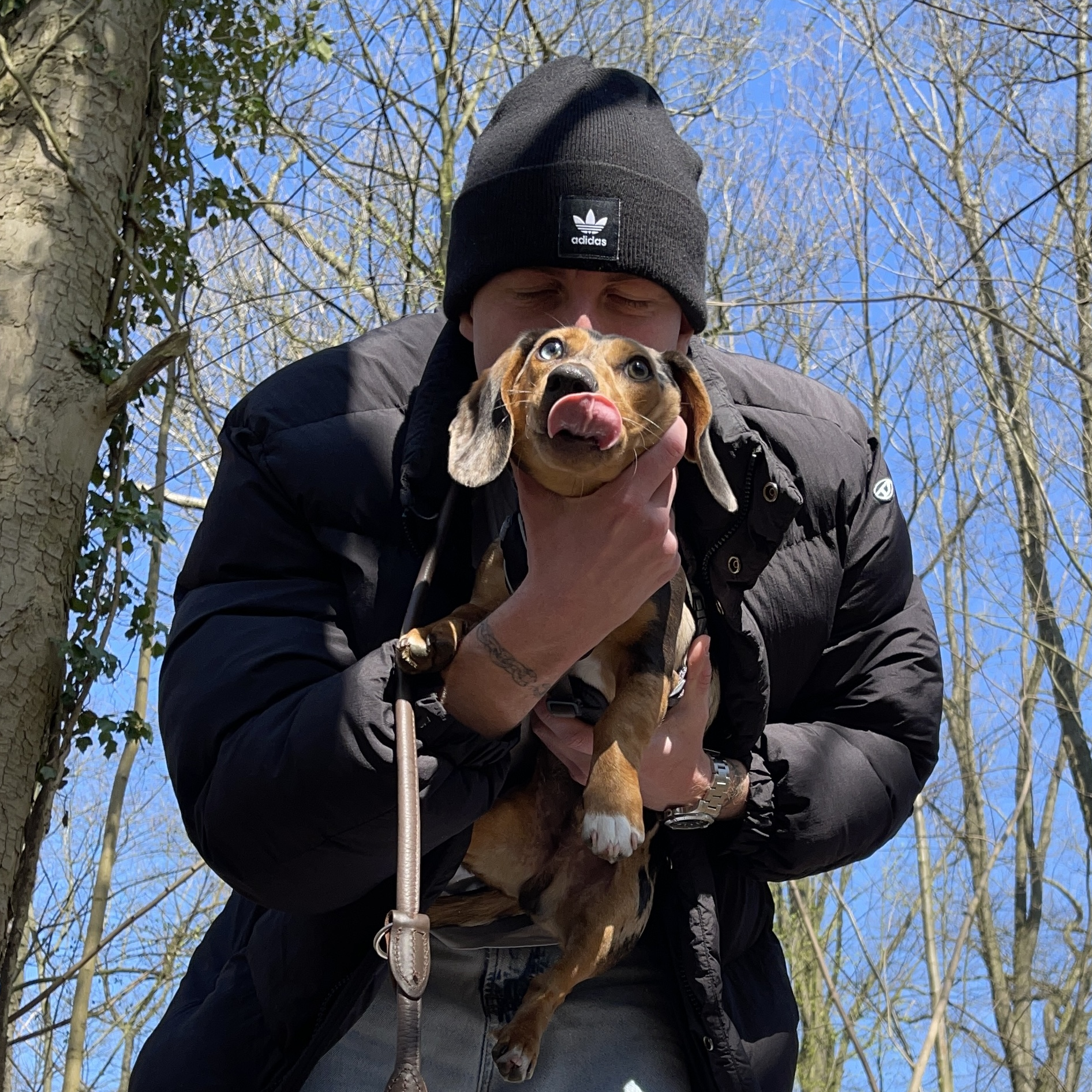 Nico mit Tyson im Arm – wie ein Rapper mit seinem Sidekick